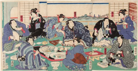 Sumo Wrestler Sakaigawa Namiemon with Other Wrestlers and Geisha at a Feast