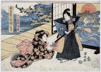 Japan, Act II of Chushingura, Tale of the 47 Ronin: Rikiya with Sword and Fan, Standing Next to Konami, Kneeling on the Floor, Offering Him a Cup of Tea, Engraving by Utagawa Kuniyasu