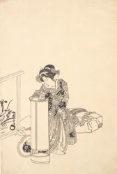 Young Woman Leaning over a Tall Lamp