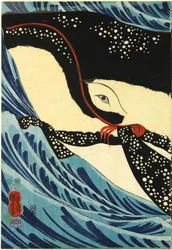 Colour Woodblock Print Triptych, Depicting the Great Swordsman Miyamoto Musashi Attacking a Giant Whale