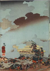 Sheet from a Colour Woodblock Print Triptych, Entitled Death of Yamamoto Kansuke at the Battle of Kawanakajima