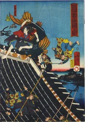 Sheet from a colour woodblock print triptych, entitled Horyukaku sho no zu depicting a scene from the Hakkenden of Takiwzawa Bakin showing a fight on the temple roof between Inuzuka Shino