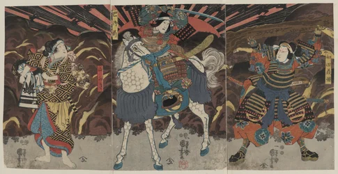 Three Actors in the Roles of Samurai Wadai Yoshimori, Tomoe Gozen, and Yamabuki
