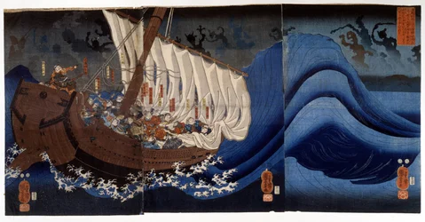 Yoshitsune Minamoto attacked by the spectra of the killed enemies. Painting by Utagawa Kuniyoshi, early 19th century