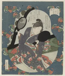 Beauty Looking at Her Hairstyle (title on object: Kagami) (series title: Three Sacred Treasures for the Sugawararen Poets Association)