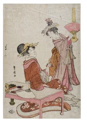Two women figures with fans