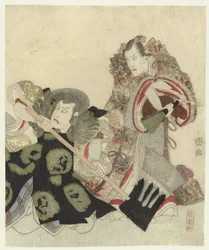 Ichikawa Danjūrō VII as Yoshimune no Munesada with Fan and Ichikawa Omezō as Sekibei with Axe