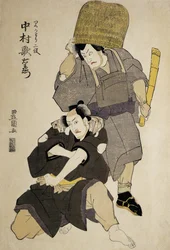 Close-up of two Kabuki actors performing