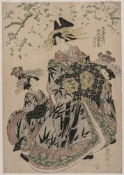 The Courtesan Katakoshigi (?) of Maruebiya with her Kamuro Ageha and Midori