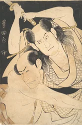 The Actors Sawamura Sojuro III Holding Sword Aloft, and Arashi Shichigoro III as Fight, ca. 1798