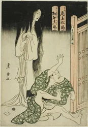 The actors Onoe Matsusuke I as the ghost of the wet-nurse Iohata and Matsumoto Kojiro as Mokuemon, in the play "Tokubei of India: Tales of Strange Lands"