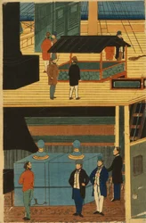 An American Steamship with Group of Passengers Below Deck and Activities on Deck