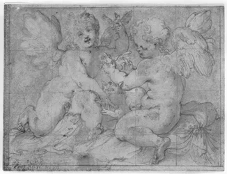 Two Putti Playing with a Cat and Two Birds
