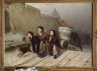 Troika (Sleigh). The apprentices seeking water. (Street in winter). Painting by Vasili Grigoryevich Perov (1834-1882)