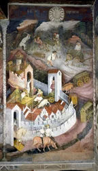 December: the loggers gather the wood and bring it back to the town of Trento where the wall and castle of Buonconsiglio are represented