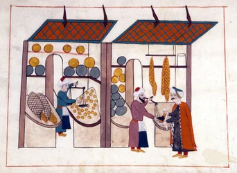 A fruit and vegetable merchant (four seasons) in Constantinople, Turkey under the Ottoman Empire. Miniature from 