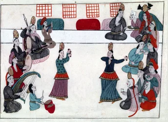 Musicians and dancers under the Ottoman Empire. Miniature from “Turkish Memorials” (codex Cicogna 1971 “Memorie Turchesche”). Watercolour from the 17th century Venetian school.