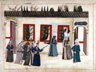 The Sultan visits the favorite with the mother and chief of the Eunuchs. Miniature from Turkish Memorials (codex Cicogna 1971 Memorie Turchesche) Watercolour from the 17th century Venetian school