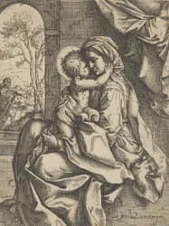The Virgin Seated with the Christ Child on Her Lap Embracing Her, Joseph Seen Through