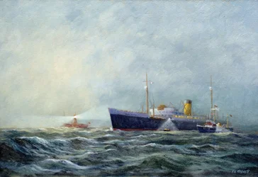 A pathfinder (two-seater motorboat), leaving an airliner in front of the lighthouse boat off Harwich (England)