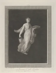 A partly naked bacchante holding a disk in her raised left hand and a bucket