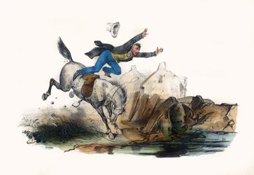 A rider falls after the rush of his horse. In “Album Grotesque, Choices of Outstanding Types”, illustrations by Victor Adam, Paris, circa 1850.