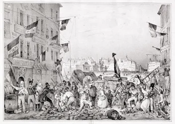 Barricade at the Rue Dauphine, 29th July 1830, engraved by H. Delaporte
