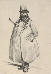 Man wearing a coat and a hat with a cane under his arm, mid-19th century