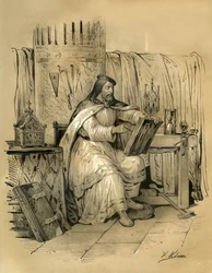 Saint Eloi (v.588-660) goldsmithing and treasurer of the king of the Franks Dagobert 1st, then bishop of Noyon from 641 to his death. Engraving by Victor Adam in the book “France in the Middle Ages” published by the Ardant brothers