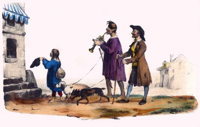 Two blind led by dogs and a beggar child. In “Album Grotesque, Choices of Outstanding Types”, illustrations by Victor Adam, Paris, circa 1850.