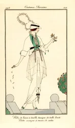 Woman in linen dress with double tunic in embroidered tulle, little casaque jacket lined with satin
