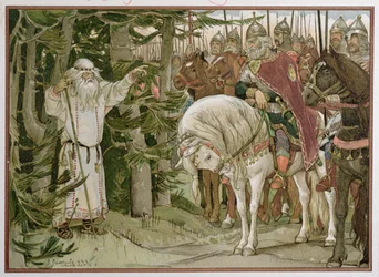 Prince Oleg meets the soothsayer who prophesizes that his horse will be the cause of his death, illustration from 