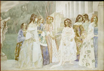Requiem: young women dressed in crinoline gowns converse in a garden - Work by Viktor (Victor) Elpidiforovich Borisov-Musatov (Borisov Musatov) (1870-1905)