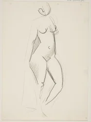 Standing nude woman, facing right, drapery in hand