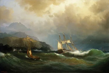 A Frigate Clawing Off a Rocky Coast