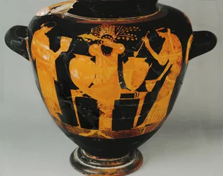 Dionysos Festival, two women acolytes, Dionysos in the center
