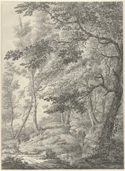 Forest Landscape with a Wooden Bridge and Two Walkers