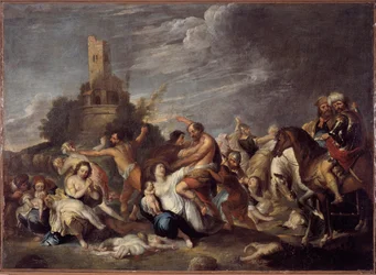 The Massacre of the Innocents. Painting by Vincent Malo (ca. 1600-1650), 1634. From the Oratory of San Silvestro, Genoa, Musei di Strada Nuova, former Palazzo Bianco, Genoa