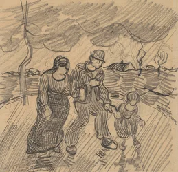 Couple with Child on a Street in the Rain