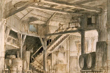 Set design for Norma, opera by Vincenzo Bellini, performed at La Fenice Theatre in Venice