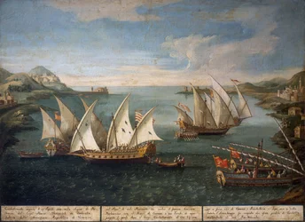 Naval battle between Venetian ships of Marco Ivanovich Dobrota and Turkish ships off Patras on April 17