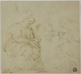 Sketches of Virgin and Child, Seated Figure, and Landscape