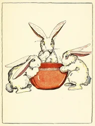 Flopsy, Mopsy, and Cotton-Tail had bread and milk and blackberries for dinner, from The Tale of Peter Rabbit, pub. 1916