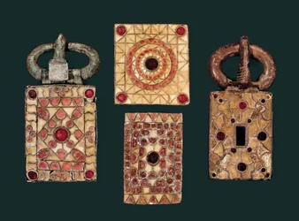 Metal Earrings Decorated with Gold and Garnet, 7th Century