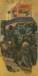 The History of Saint Anthony the Great, A beggar urges the sick King of Palestine to send food to St. Anthony (top); arrival of camels with food (bottom)