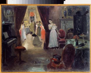 The Blessing of a Brothel. In a brothel, prostitutes gather, some weep or lament, behind an Orthodox priest praying before an icon and candles. In the foreground, a piano and a