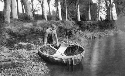 Launching a Coracle on the River Boyne, County Meath, Ireland, 1924-1926