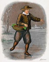 Dutch Man Skating with a Basket of Vegetables