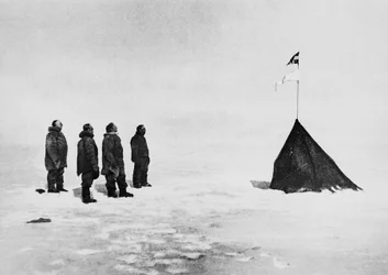 Roald Amundsen, Helmer Hanssen, Sverre Hassel and Oscar Wisting in front of the tent erected at the South Pole, December 16