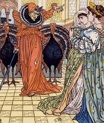 Apparition of witch accompanied by two peacocks, Engraving from drawing by Walter Crane (1845-1915)